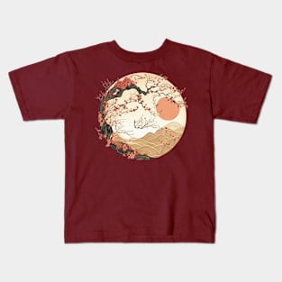 Japanese Style Art: Mountain and Floral View Kids T-Shirt